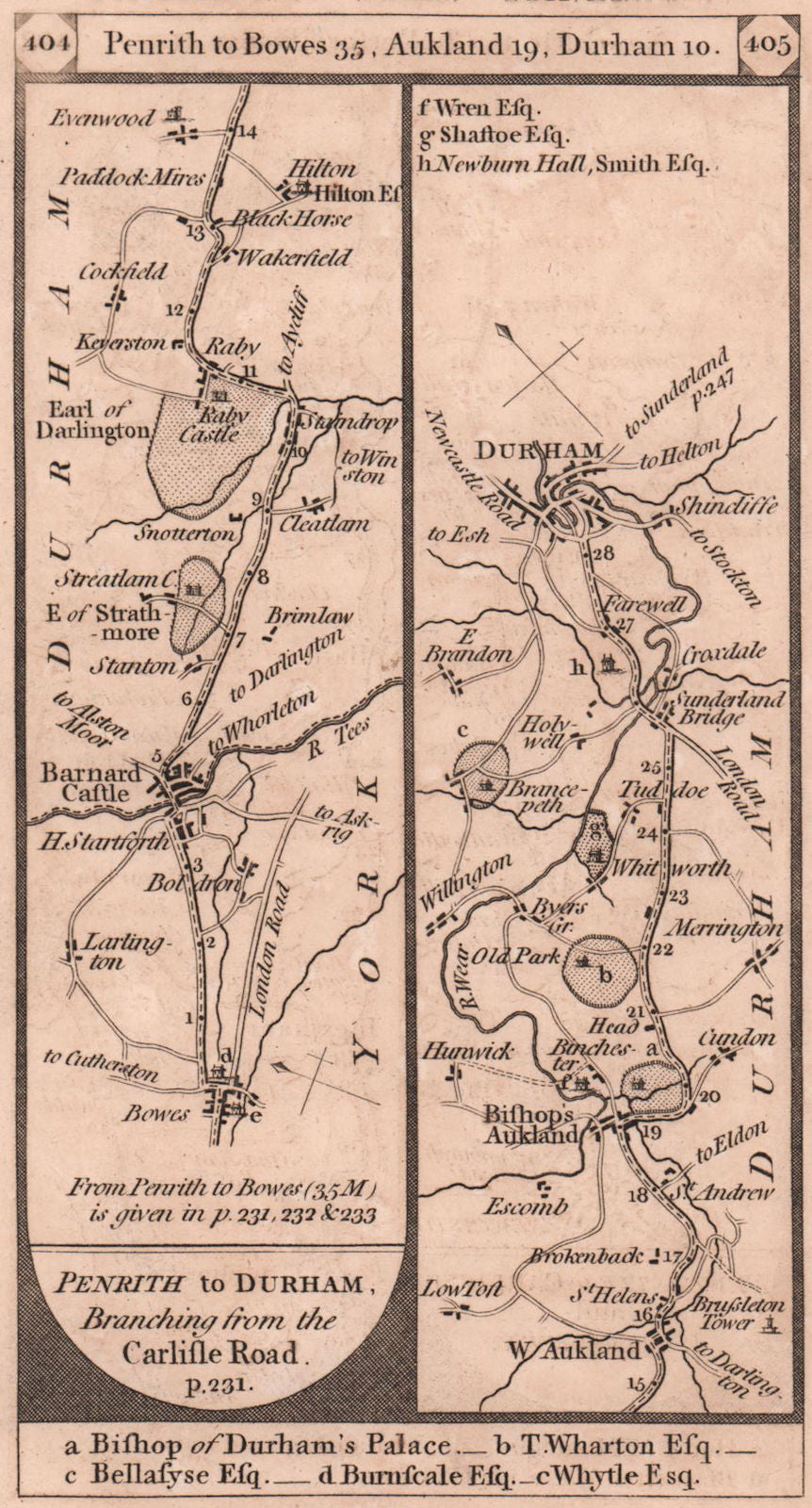 Bowes-Barnard Castle-Bishop Auckland-Durham road strip map PATERSON 1803